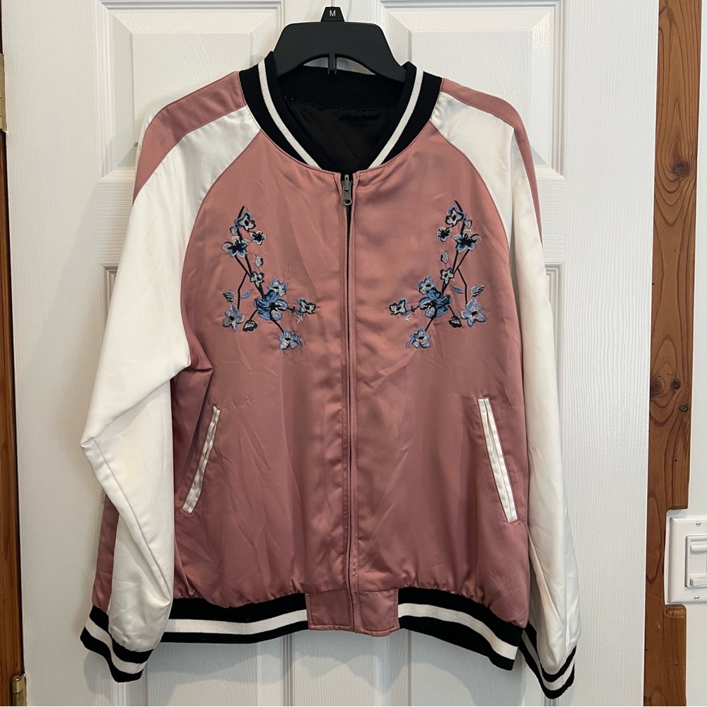 Reversible Pink and White Bomber Jacket with Ribbed Cuffs and Floral Embroidery